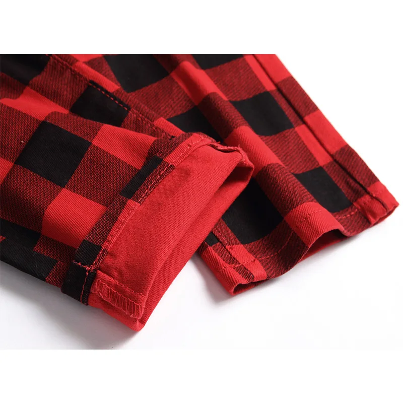 Mens Jeans British Style Slim Fit Elastic Printed Plaid Fashion Personalized Trend Jeans Streetwear Men Full Length Denim Pants