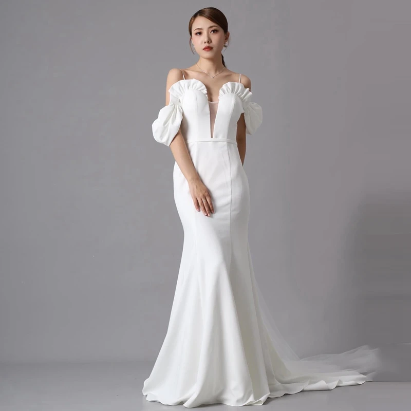 

Simple White Spaghetti Strap Long Mermaid Bridal Drseses Women 2022 Floor Length Satin Church Wedding Dress vestidos de novia