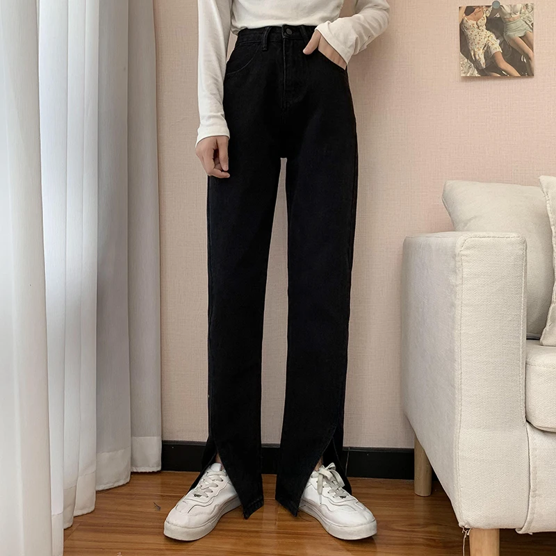 N2739   2023 new The new straight slit trousers women's high-waisted thin all-match wide-leg pants jeans