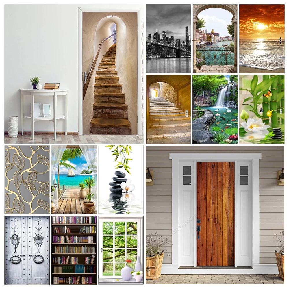 29 Types of 3d Door Stickers Retro Green Plants Scenery Home Decoration PVC Wallpaper Self-adhesive Waterproof Tear-and-stick