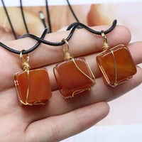 natural stone square shape red agates leather rope necklace charms pendants for women jewelry accessories gifts size 17mm