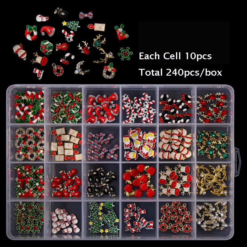 240pc 3D Merry Christmas Series Nail Art Charms Red Green Zircon Nail Decorations Luxury Diamond Manicure Rhinestone Accessories