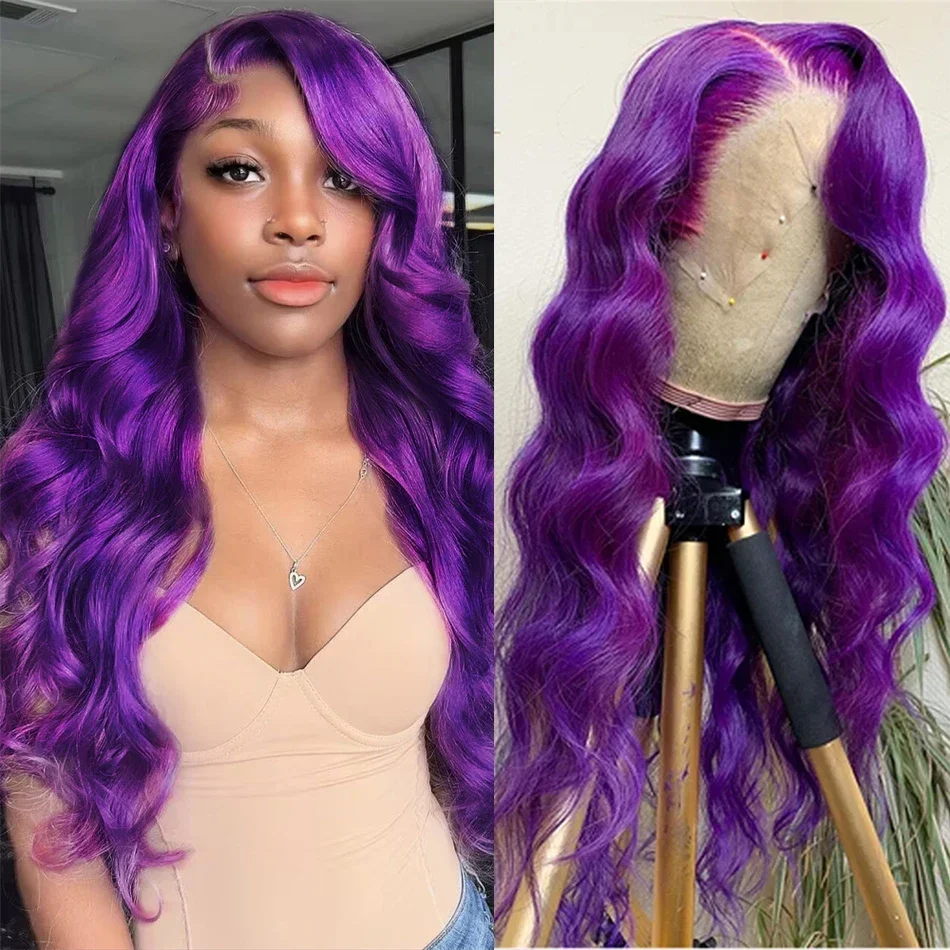 Фото Парик из натуральных волос Body Wave, фиолетовый, 2026, 13x4 HD, с кружевной передней частью, цветной, высокой плотности, для женщин, для косплея, индивидуальный модный стиль №4