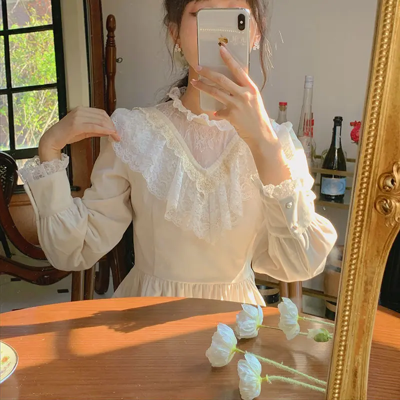 

2022 Sweet Fairy Vintage Dress Women Spring Lace Bow Party One Piece Dress Korean French Retro Elegant Midi Dress Female Cute