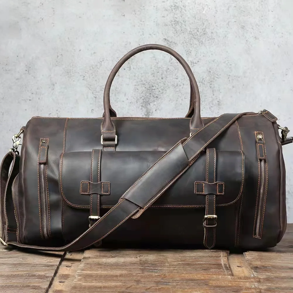 

Vintage Travel Bag For 17 Inch Laptop Light Weight Big Leather Handbag For Business Tour Men Male Leather Baggage Bag
