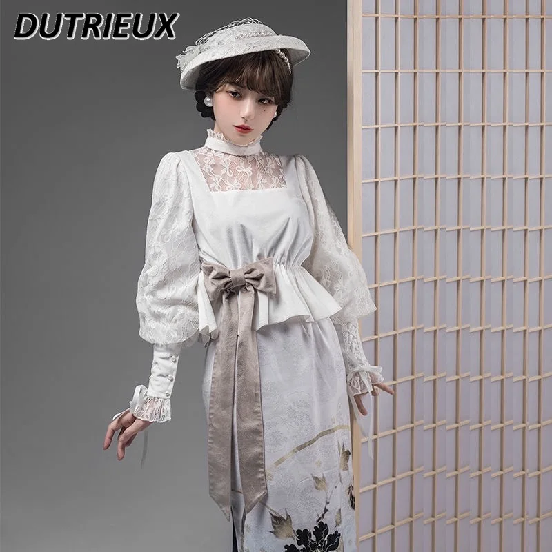 

Lolita Inner Wear Long Sleeve Lace Stitching Shirt Japanese Sweet Style Spring and Autumn Stand Collar Short White Tops