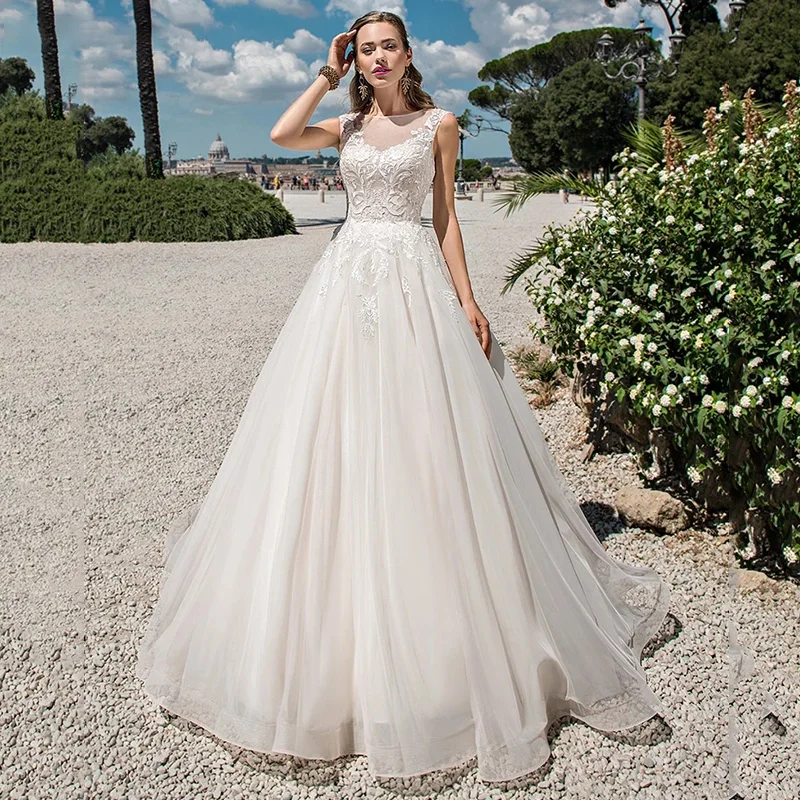 

A-Line Tulle O-Neck HY276 Wedding Dress For Women Lace Appliques Floor Length Backless Princess Bridal Gowns Vestidos De Novia