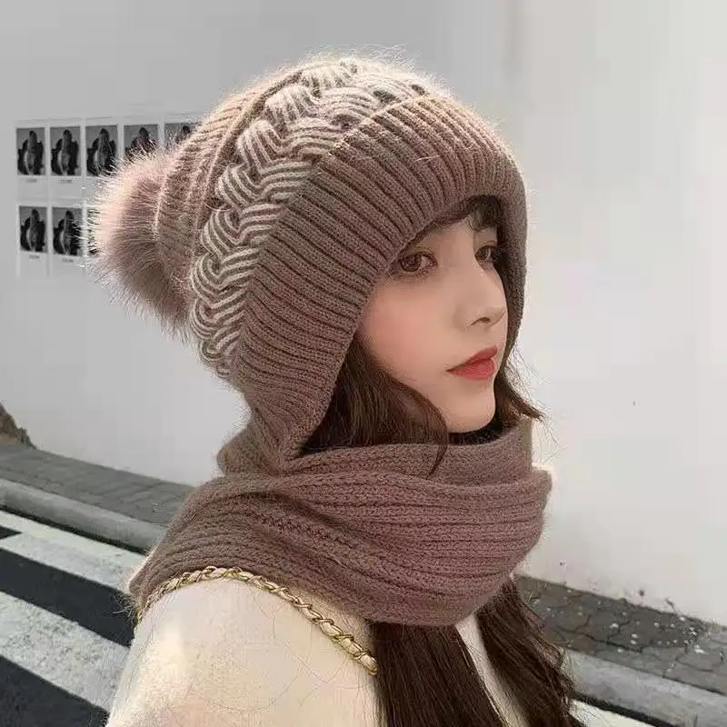 

Winter Hat Beanies Women's Hat Scarf Warm Breathable Rabbit Hair Blend Knitted Hat for Women Double Layers Protection Caps2022