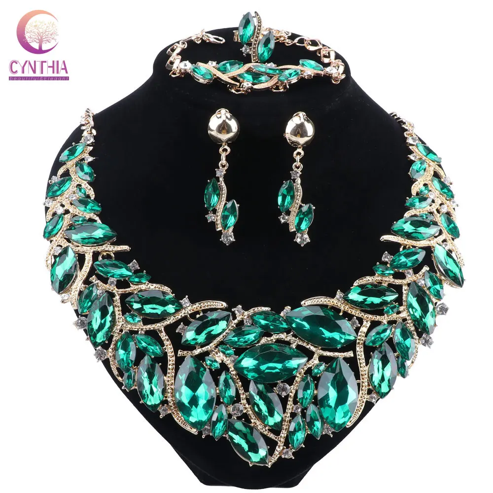 CYNTHIA Luxury Green Colour Crystal Necklace Earrings Jewelry Sets Party Wedding Accessories Indian Bridal Costume Jewellery