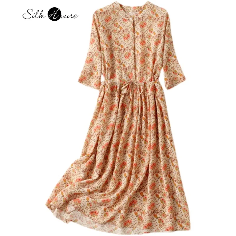 

Silk Stand Collar Dress Women's Summer Temperament Loose Waist Big Swing Skirt Mulberry Silk Floral Dress