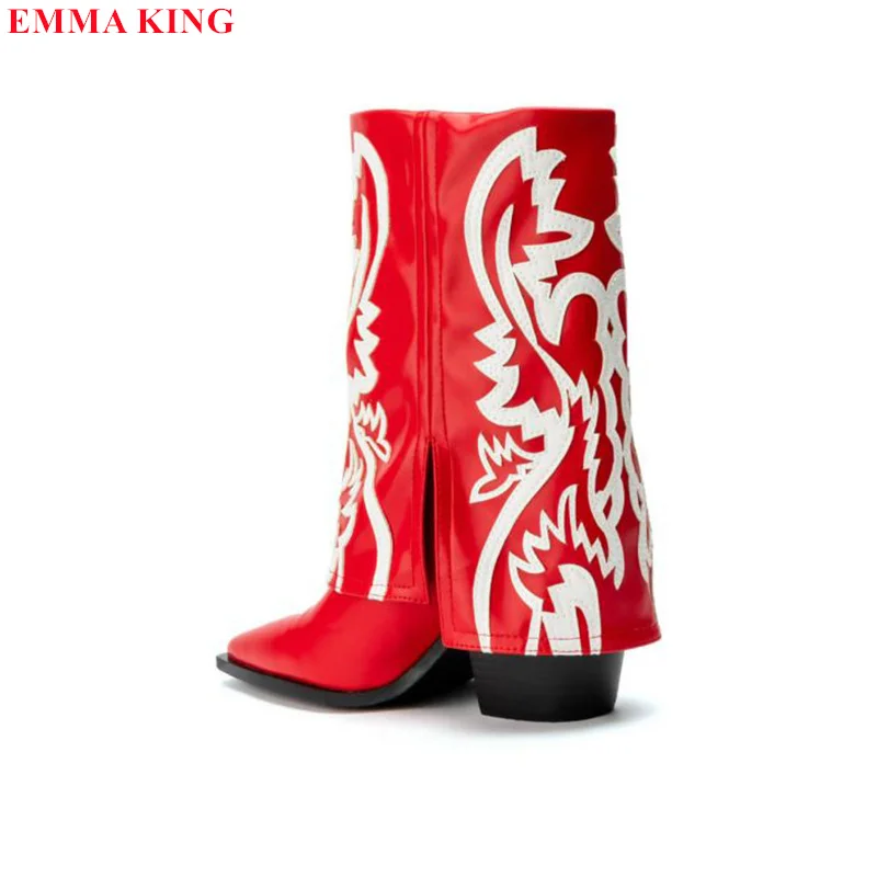 Женские ковбойские ботинки с вышивкой красные в стиле ретро на массивном высоком