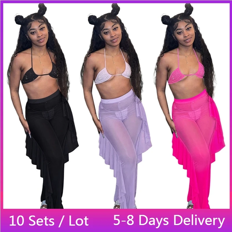 

Оптовая продажа, сексуальная пляжная одежда, комплект из 3 предметов, женское бикини, прозрачные сетчатые брюки с оборками, летний бандажный купальный костюм