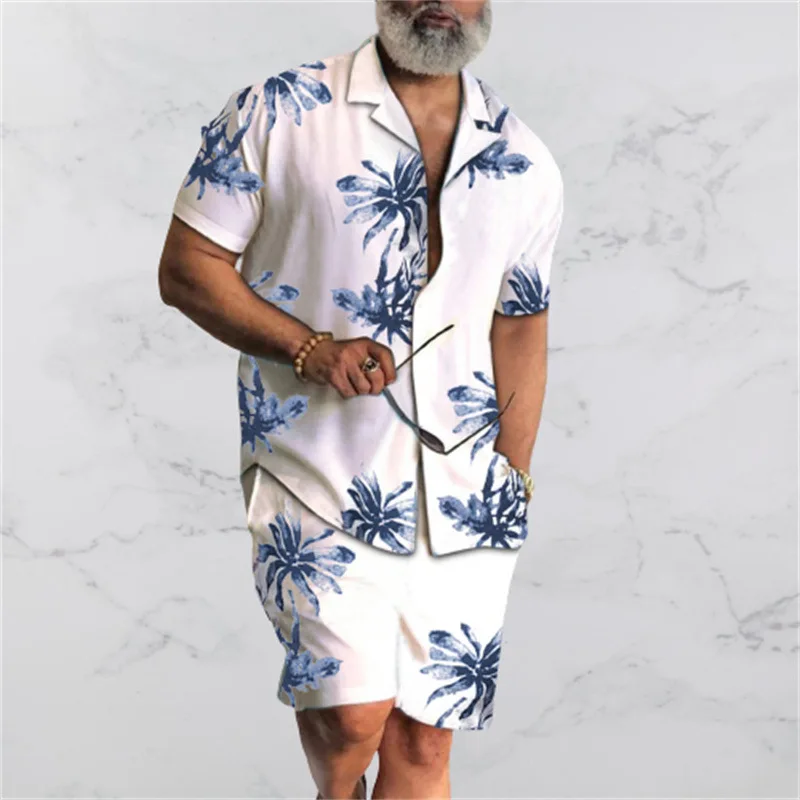 Summer Beach Wear Clothes Men Hawaiian Shirt Set 2 Piece Outfit Button Up Shirts Coconut Tree Printed Button Up TShirts Vacation