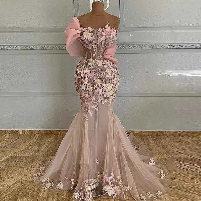 

Charming 3d Appliques Pink Mermaid Prom Dresses Sexy See Through Aso Ebi Off The Shoulder Evening Gowns Arabic Party Dress