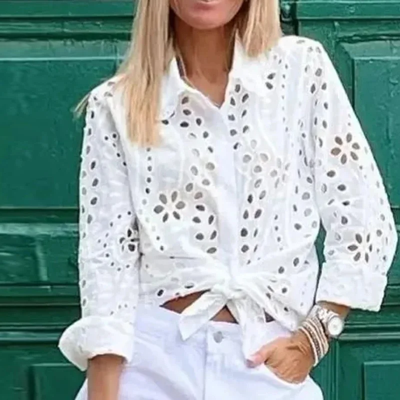 

Модная женская рубашка с вышивкой и вырезами, Повседневная пляжная блузка с длинным рукавом в стиле бохо, женские элегантные однобортные свободные топы, блузы