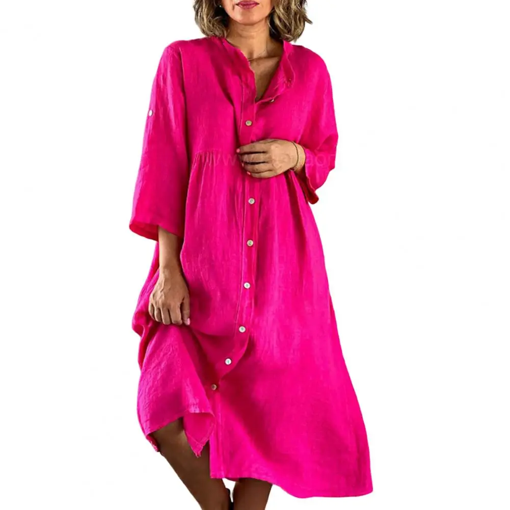

Small Stand Collar 3/4 Sleeve Shirt Dress for Women 2023 Single-breasted Pocket High Waist Oversized Midi Dress Women Streetwear