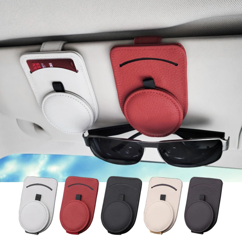 Leather Car Sun Visor Glasses Case Holder Sunglasses Clip Men Multifunction Portable Clip Auto Interior Car Accessories Woman