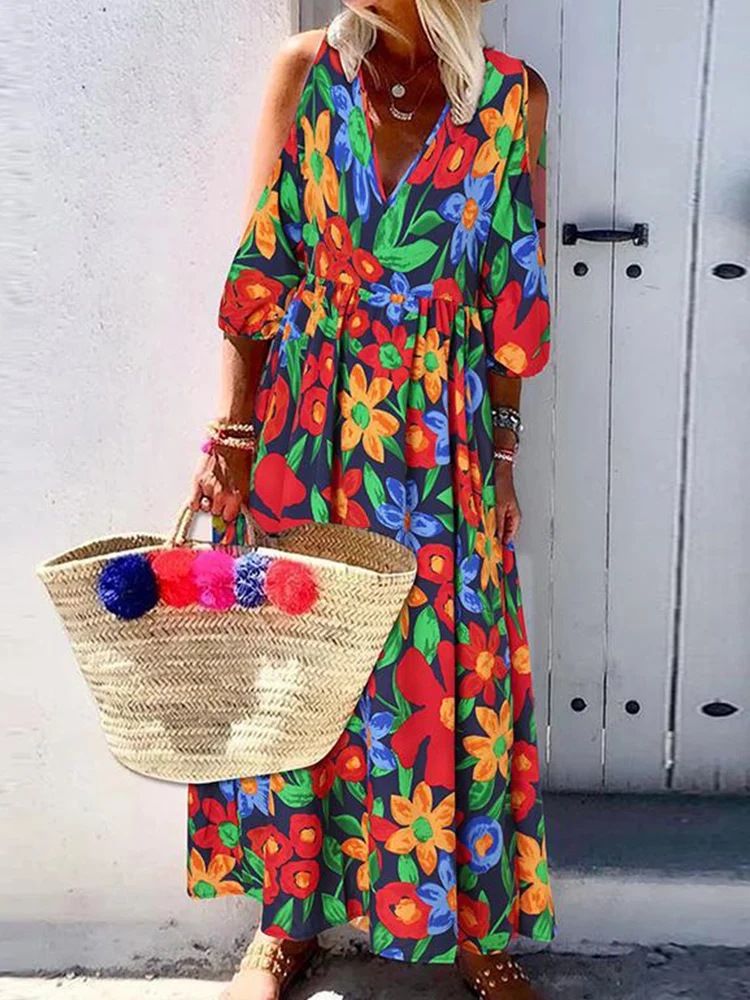 

Sexy Deep V Neck Half Sleeve Hollow Out Long Dress Vintage Floral Print Beach Party Dress Summer Women Fashion Pleat Loose Dress