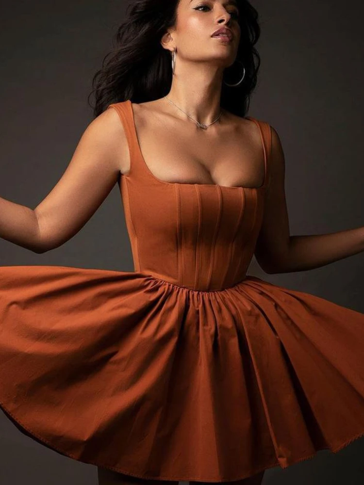 

Summer Women's Short Sling Dress Fashion Sexy Slash Neck Waist Fold A-line Skirt Temperament Commuter Solid Color Women's Dress