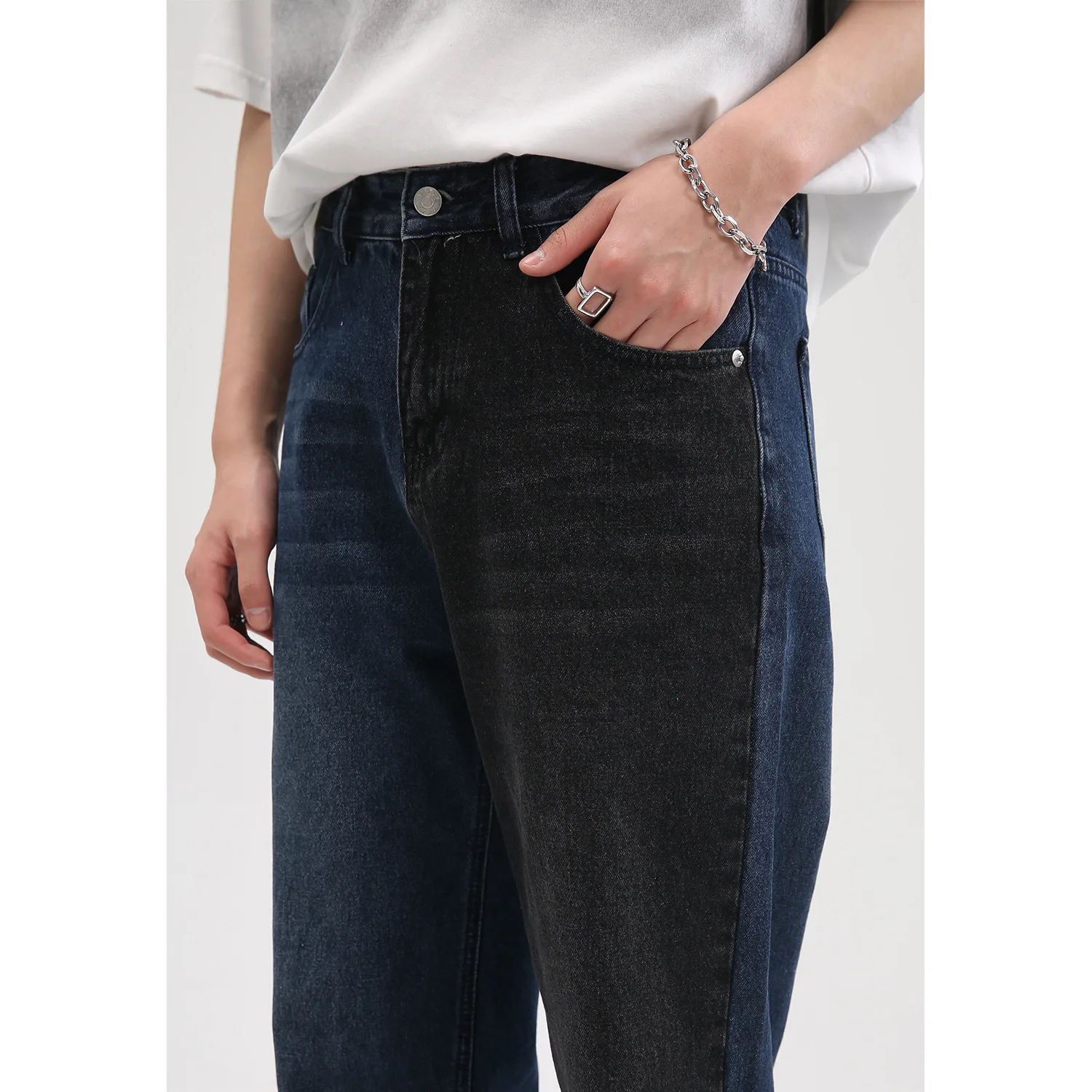 Four Seasons New Korean Version Loose Trend Splicing Contrast Color Straight Loose Jeans Men's Streetwear Boyfriend Jeans JEANS