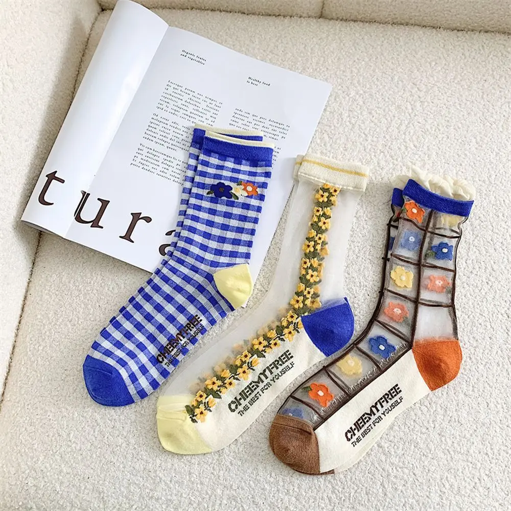 

Spring Summer Women Socks Thin Transparent Glass Filament Cute Flower Klein Blue Plaid Funny Breathable Mid-tube Hosiery