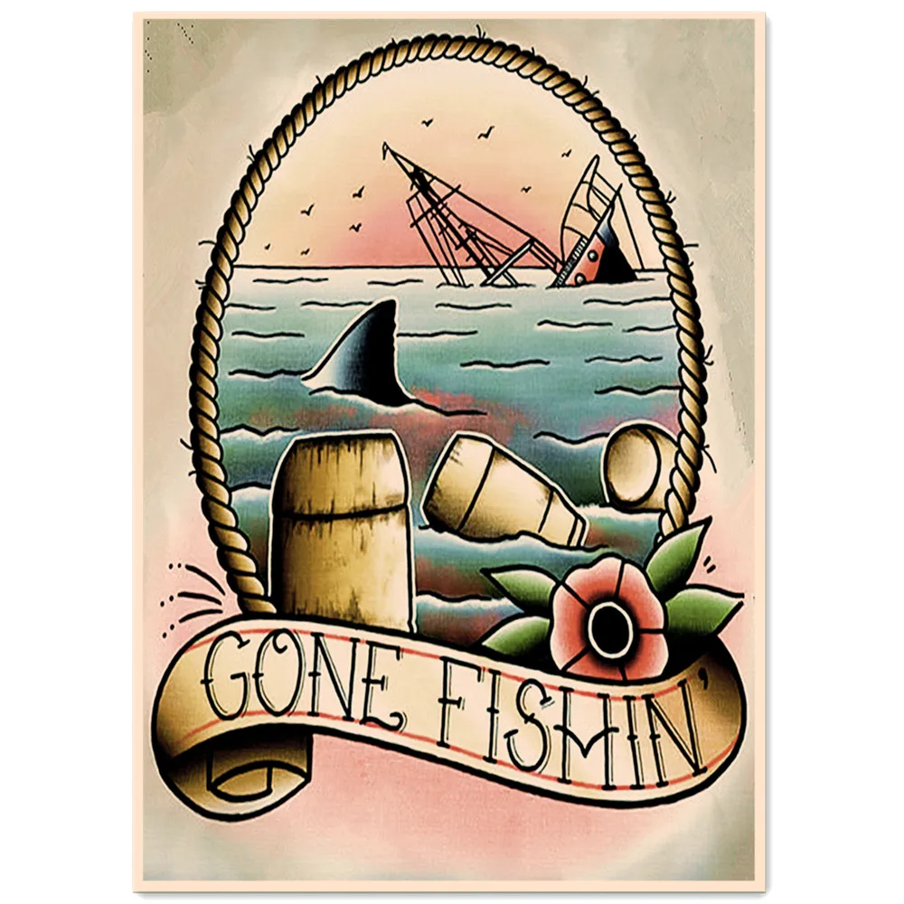 

GONE FISHIN. Tattoo Wall Art Pictures Movie Posters & Prints Retro Kraft Paper Painting Bar Coffee Shop Wall Stickers Home Decor