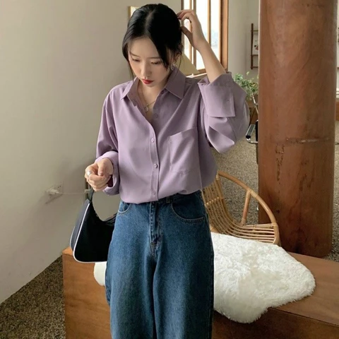 Рубашки Женские однотонные элегантные Популярные 3XL в Корейском стиле Свободные повседневные с длинным рукавом женские модные трендовые повседневные женские Ulzzang