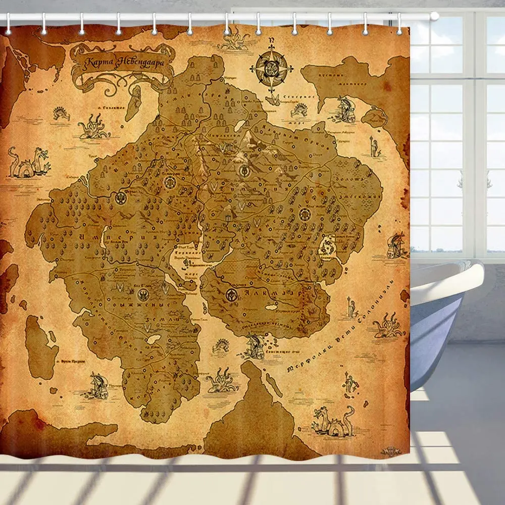 

Island Map Shower Curtain Ancient Pirate Treasure Map on Old Parchment Bathroom Polyester Fabric Bath Curtains with Hooks