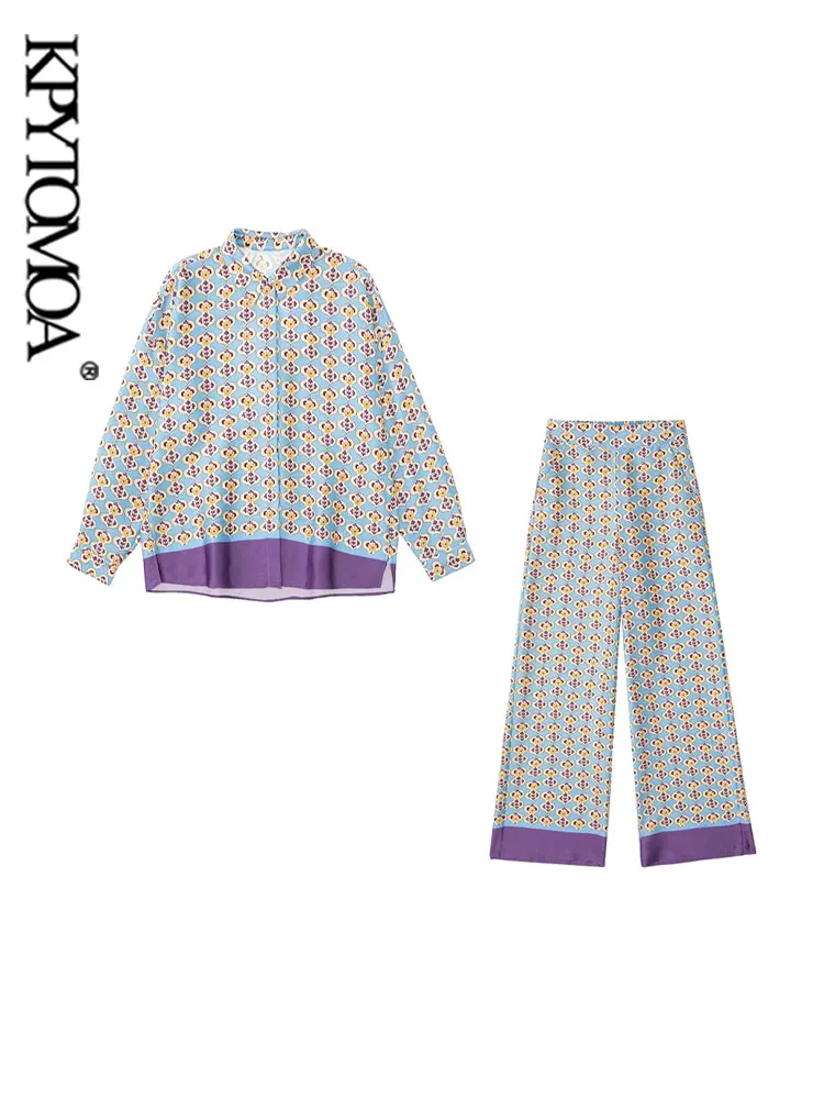 

KPYTOMOA Women Fashion Flowing Geometric Print Loose Shirts And High Elastic Waist Wide Leg Pants Female Two Piece Sets Mujer