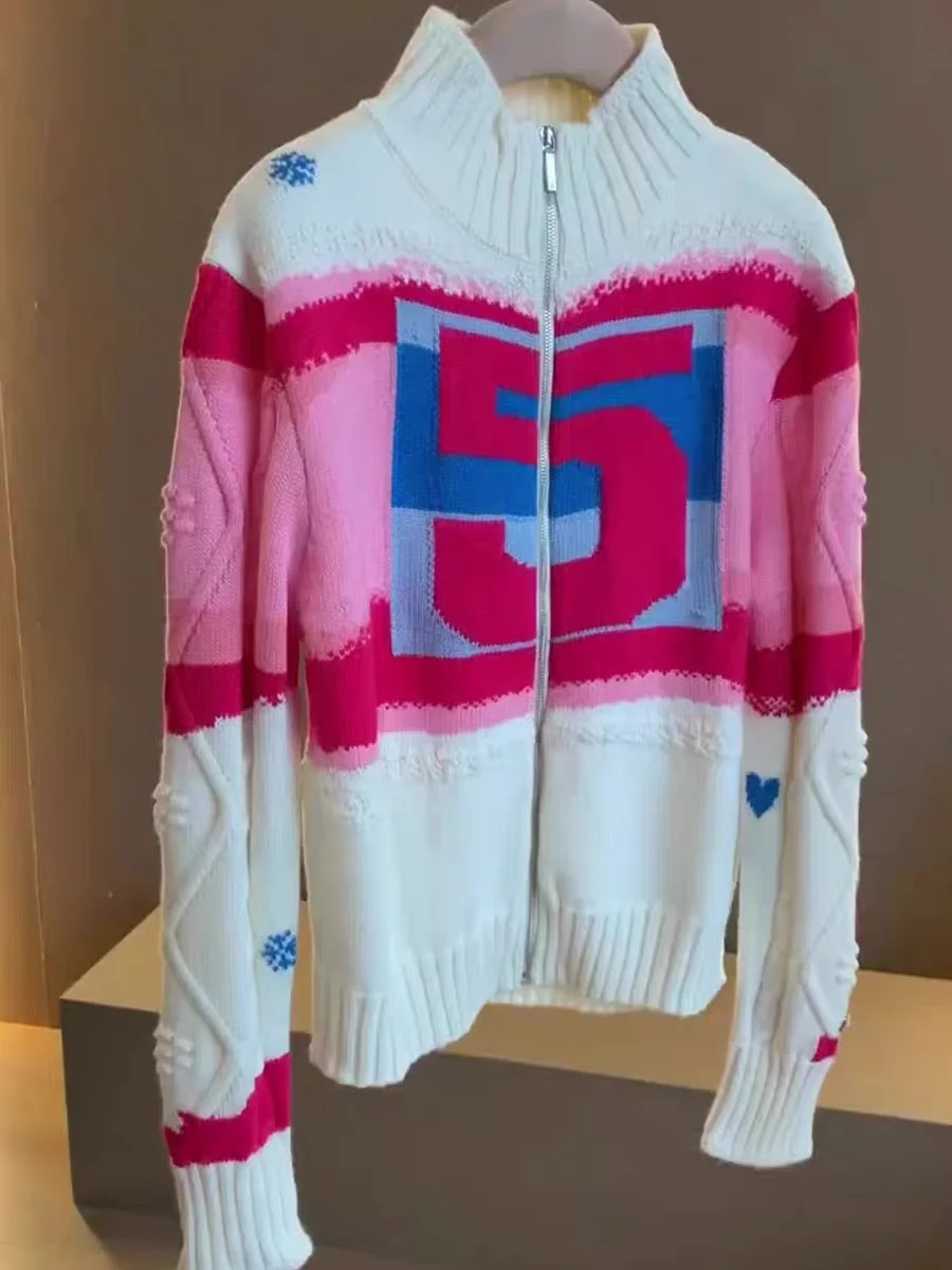 

Elegant Contrast Color Knitted Cardigan Sweater Women Korean Fashion Vintage Ladies Jumper Long Sleeve Turtleneck Female Tops
