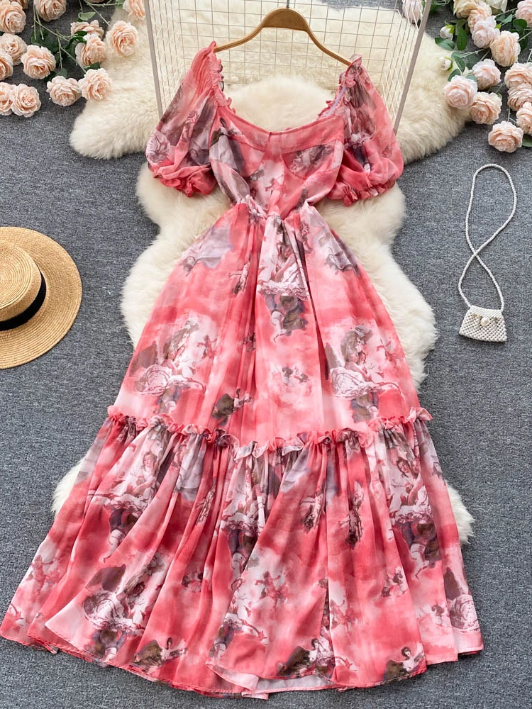 

Summer Women Square Collar Short Sleeve Printed Chiffon Long Dress Beach Vacation High Waist A-Line Ruffle Party Vestidos New