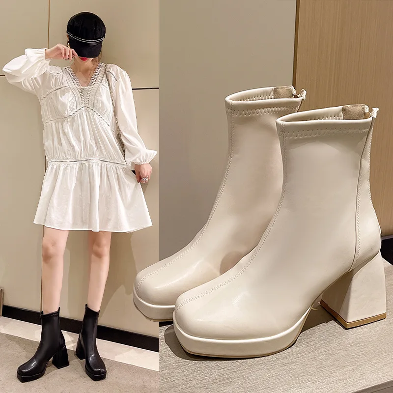 

Женские ботинки на высоком каблуке-женская зимняя обувь клоги на платформе на шпильке с молнией 2022 на среднем каблуке осень Резиновая женск...