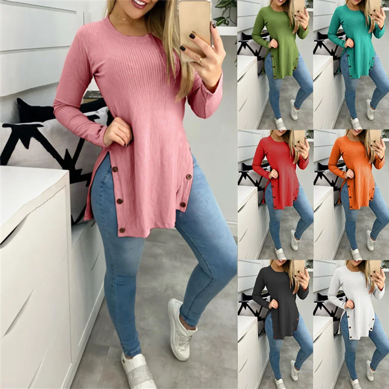 

Fashion Women's Tops Solid Round Neck Slit Buttons On Sides Casual Loose Long Sleeve Woman T-shirts Pullover Plus Size Clothes