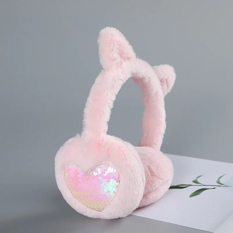 

Cute Women Earmuffs Winter Warm Ear Bag Glitter Sequin Earflaps Cat Ear Soft Plush Headphones Solid Color Love Earmuffs Headband