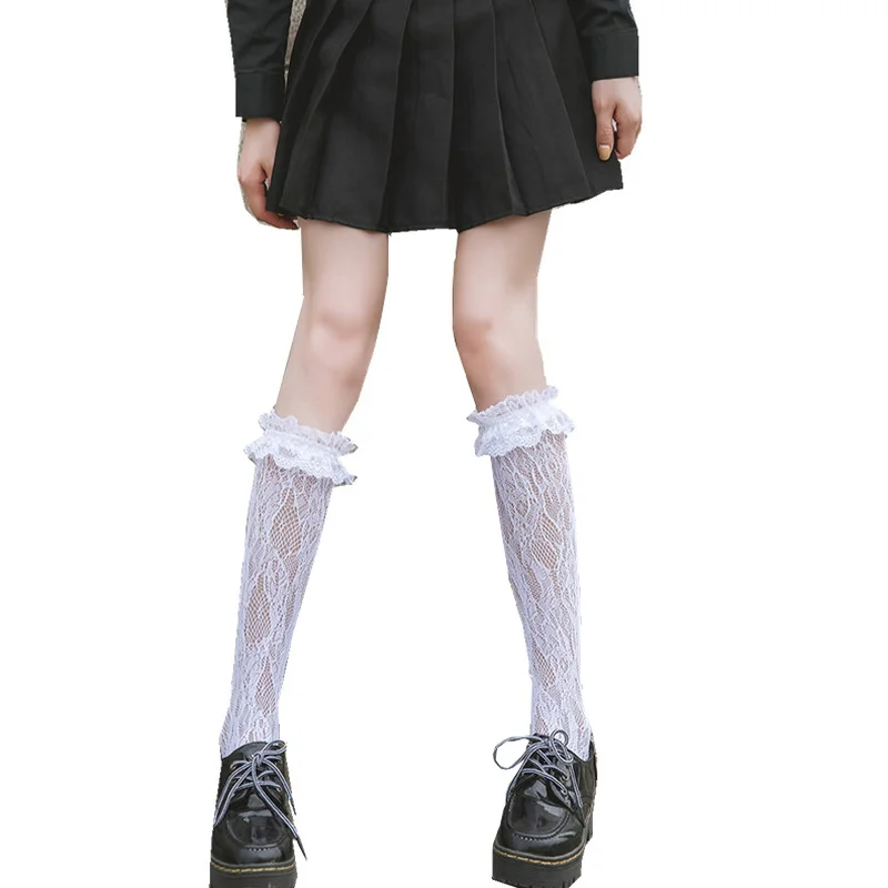 Lolita Socks Cute Black White Lace Fishnet Socks Pile Pile Knee Socks Sweet Women Girls Ladies Cosplay Costumes Accessories