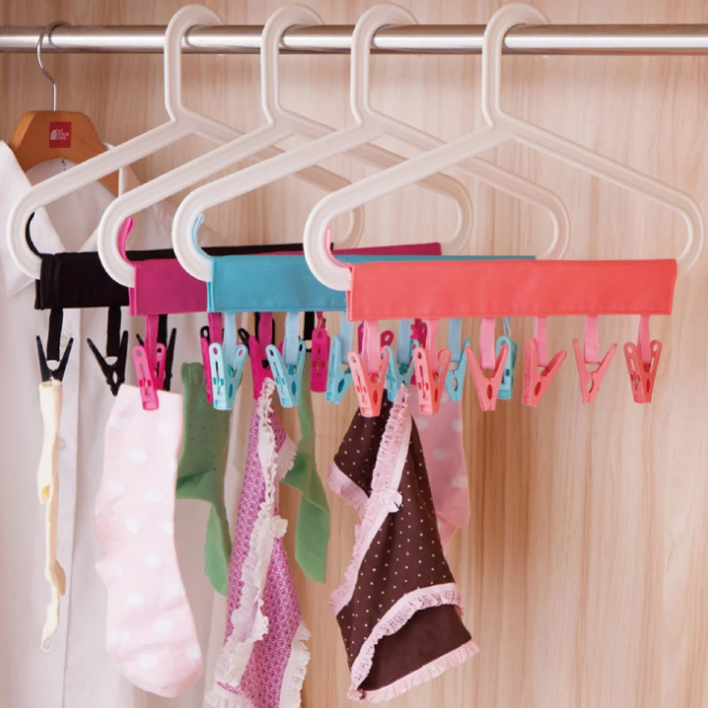 

6 Clips Portable Cloth Hanger Multi-function Student Dormitory Socks Underwear Clothespins Foldable Travel Drying Hanger Racks