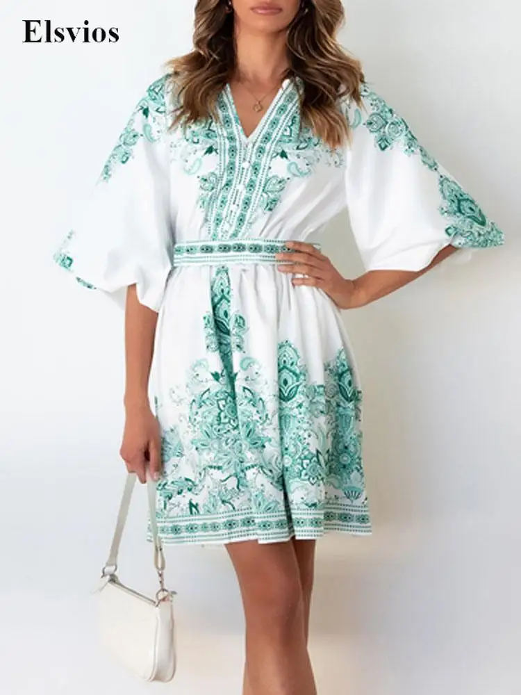 

Платье-мини женское трапециевидвечерние с V-образным вырезом и рукавами-фонариками