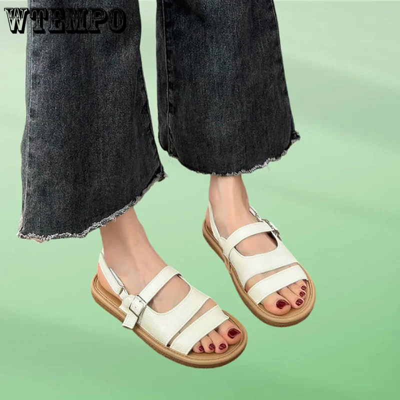 

WTEMPO Sandals Spring Summer 2023 Fashion Comfortable Leather Flat Elegant Shoes for Women Casual Beach Shoe Dropshipping