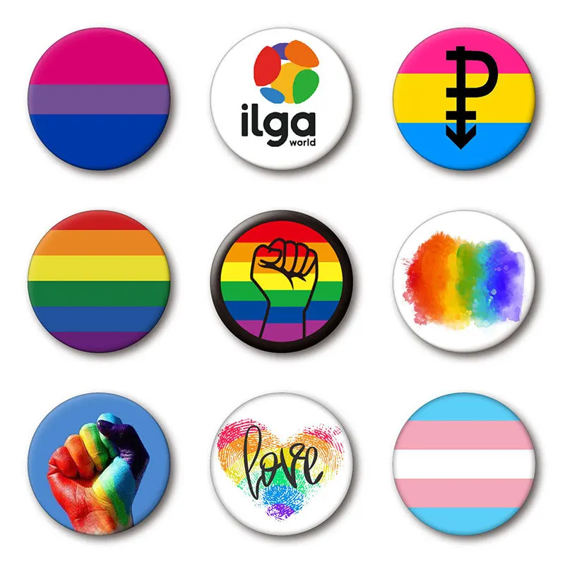 50 Pieces LGBT Rainbow Badge Round Metal Pins Gay Lesbian Bisexual Transgender Symbol Icons Brooch Love Signs Clothing Accessory