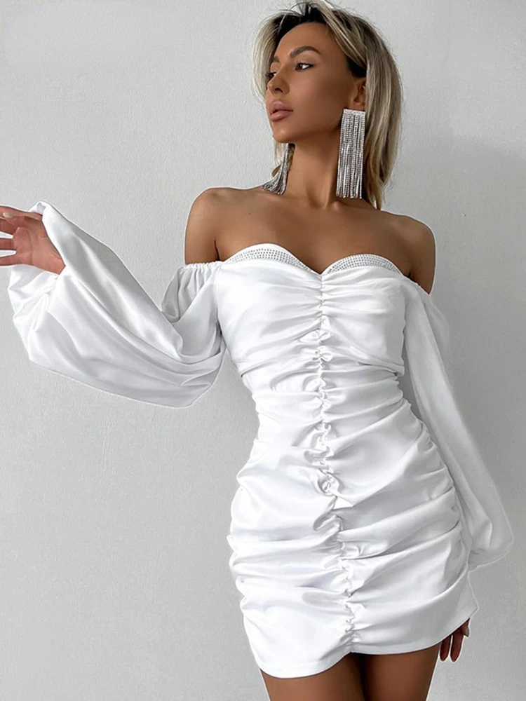 

Elegant Long Sleeve Ruched White Satin Tube Mini Dresses for Women 2022 Sexy Off Shoulder Backless Club Party Dress Y2K Clothes