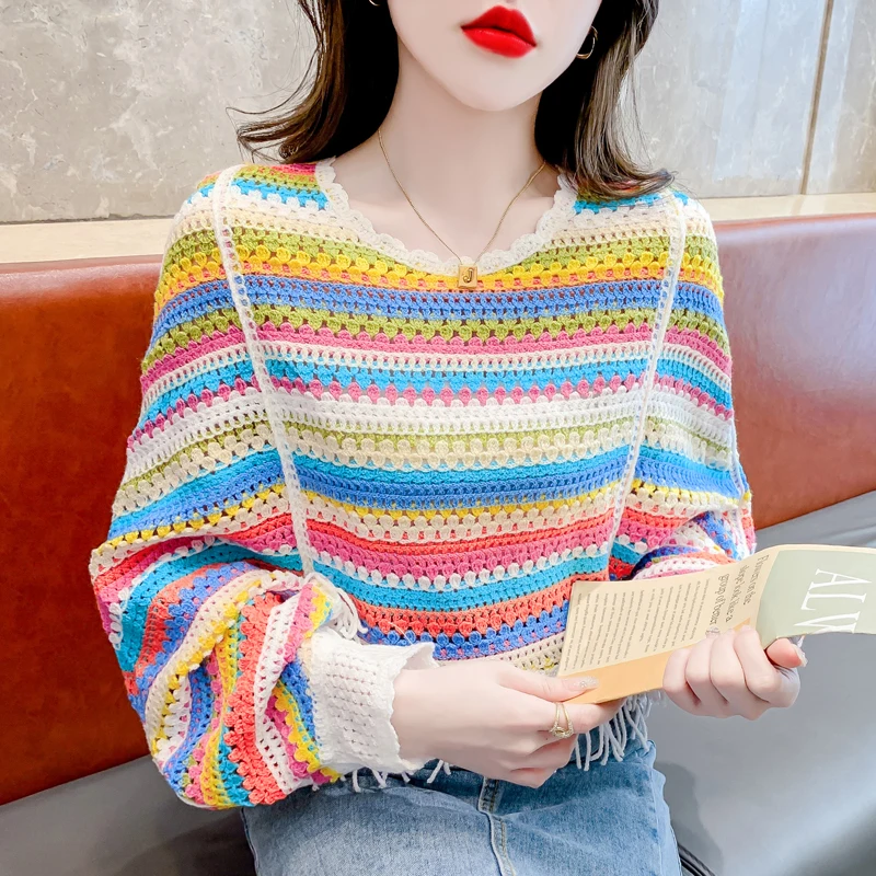 

2023 Autumn New Loose Fashion Hook Flower Hollow Rainbow Stripe Tassel Knitwear Short Top Women Knitted Pullovers Y2k Clothing
