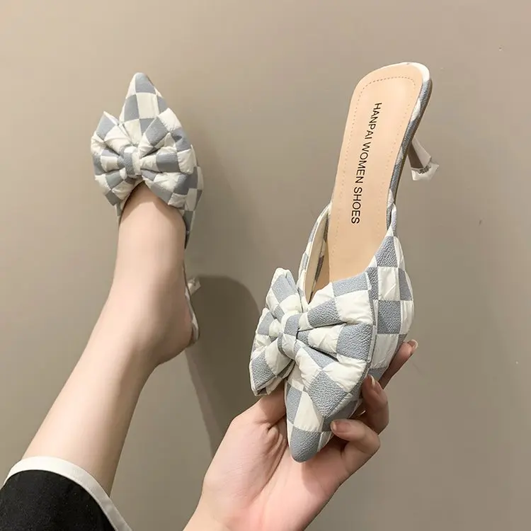 

Butterfly-Knot Slippers Soft Med Women Luxury Shoes Heeled Mules Pantofle Slides Comfort Designer High Thin 2022 Summer Cotton F