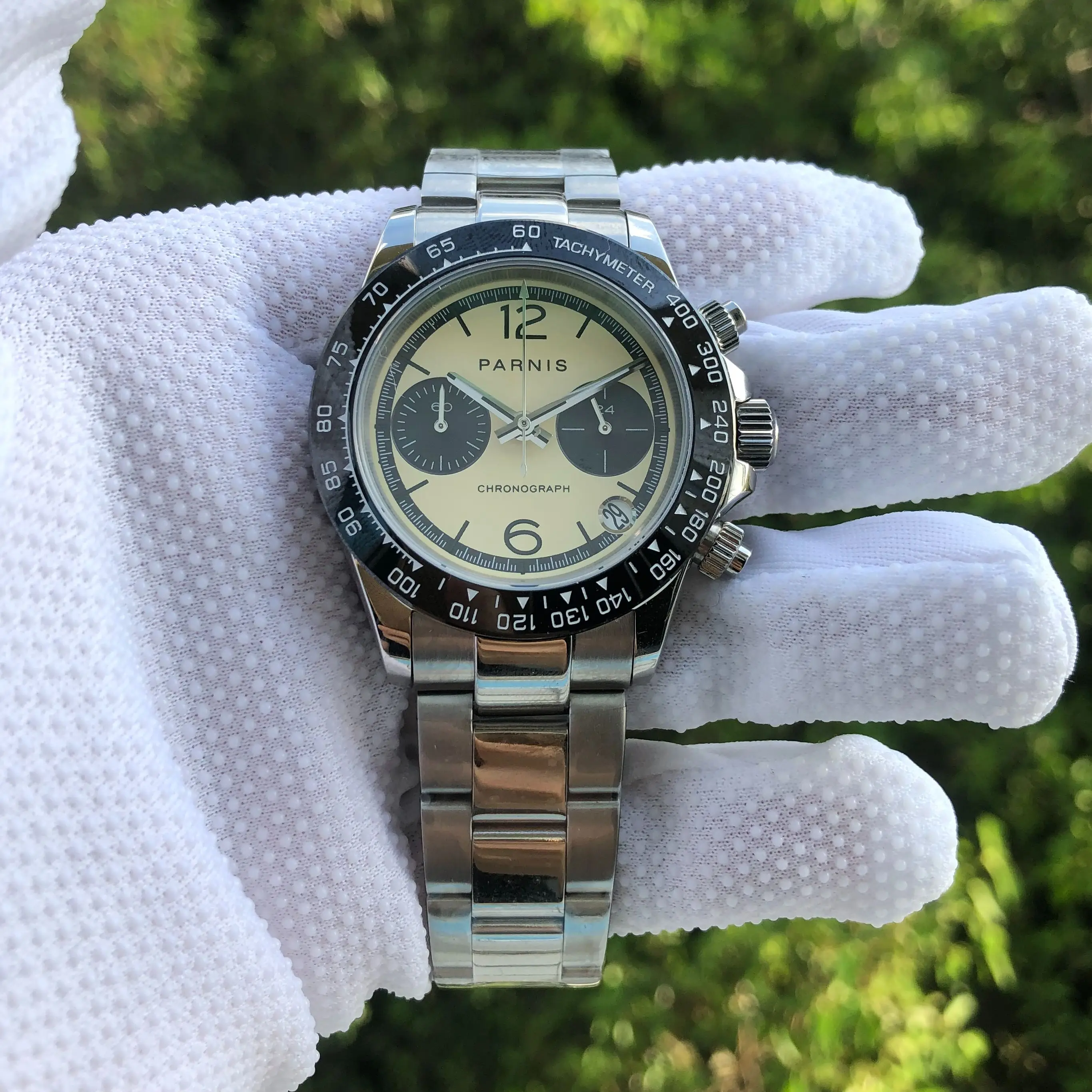 Модный мужской кварцевый хронограф Parnis с желтым циферблатом диаметром 39 мм