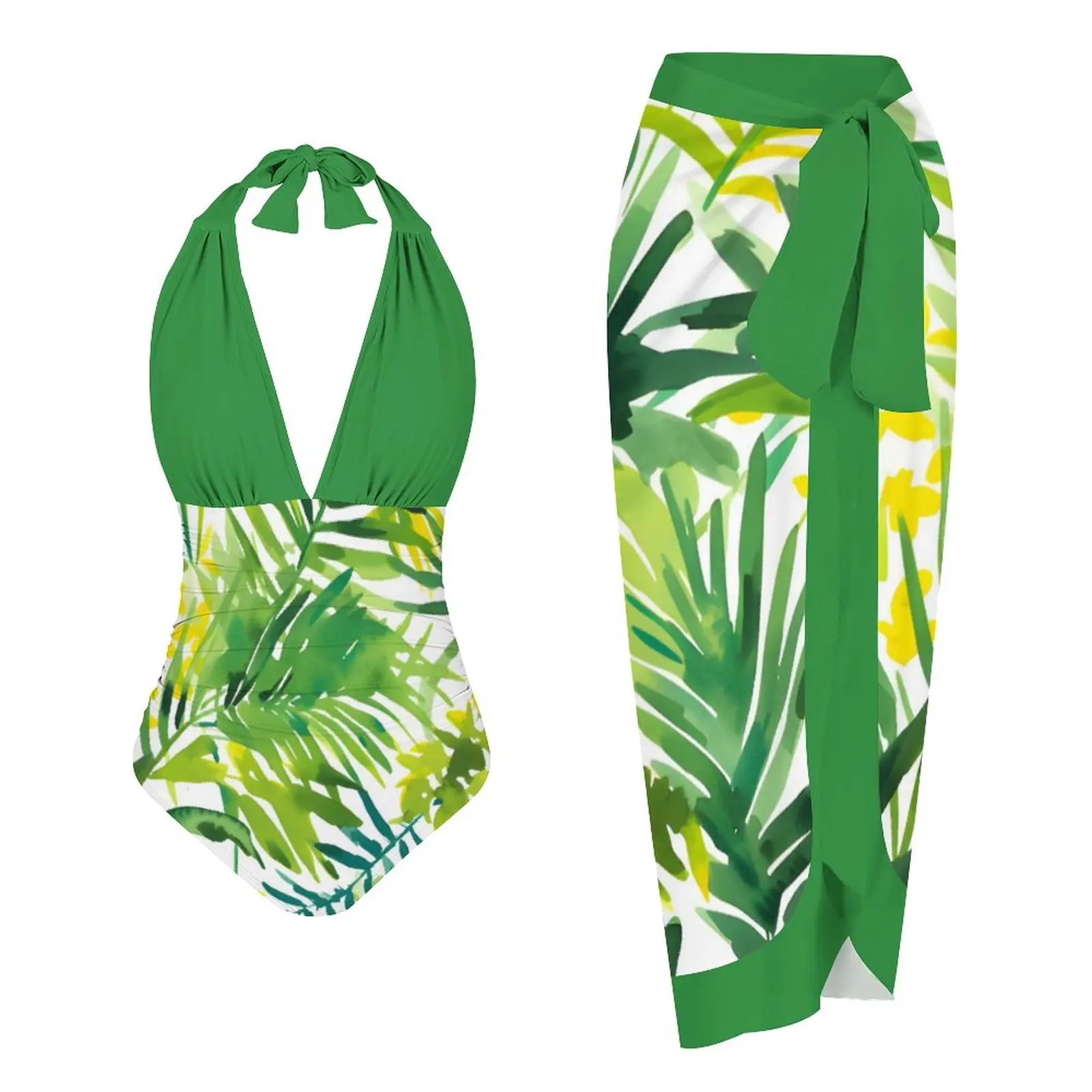 

Купальник с бантом и V-образным вырезом, с лямкой на шее, пикантное бикини с открытой спиной, цельный пляжный костюм, зеленые купальные костюмы для женщин, наряд, 2023
