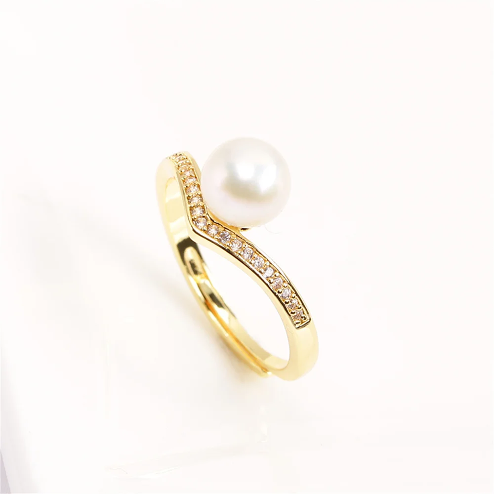 

14k gold plating real gold color preservation inlaid zirconia pearl ring adjustable DIY accessories simple