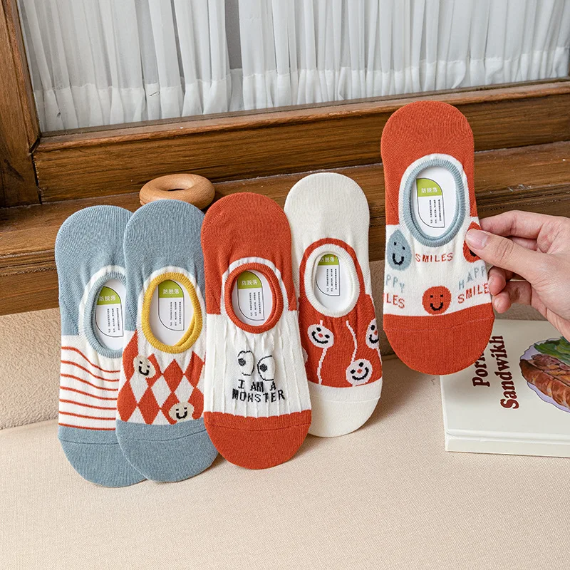 

Shallow Mouth Woman Clothes Ship Socks Kawaii Silicone Non Slip Harajuku Smiling Face Tide Thin Style Cotton Women's Underwear
