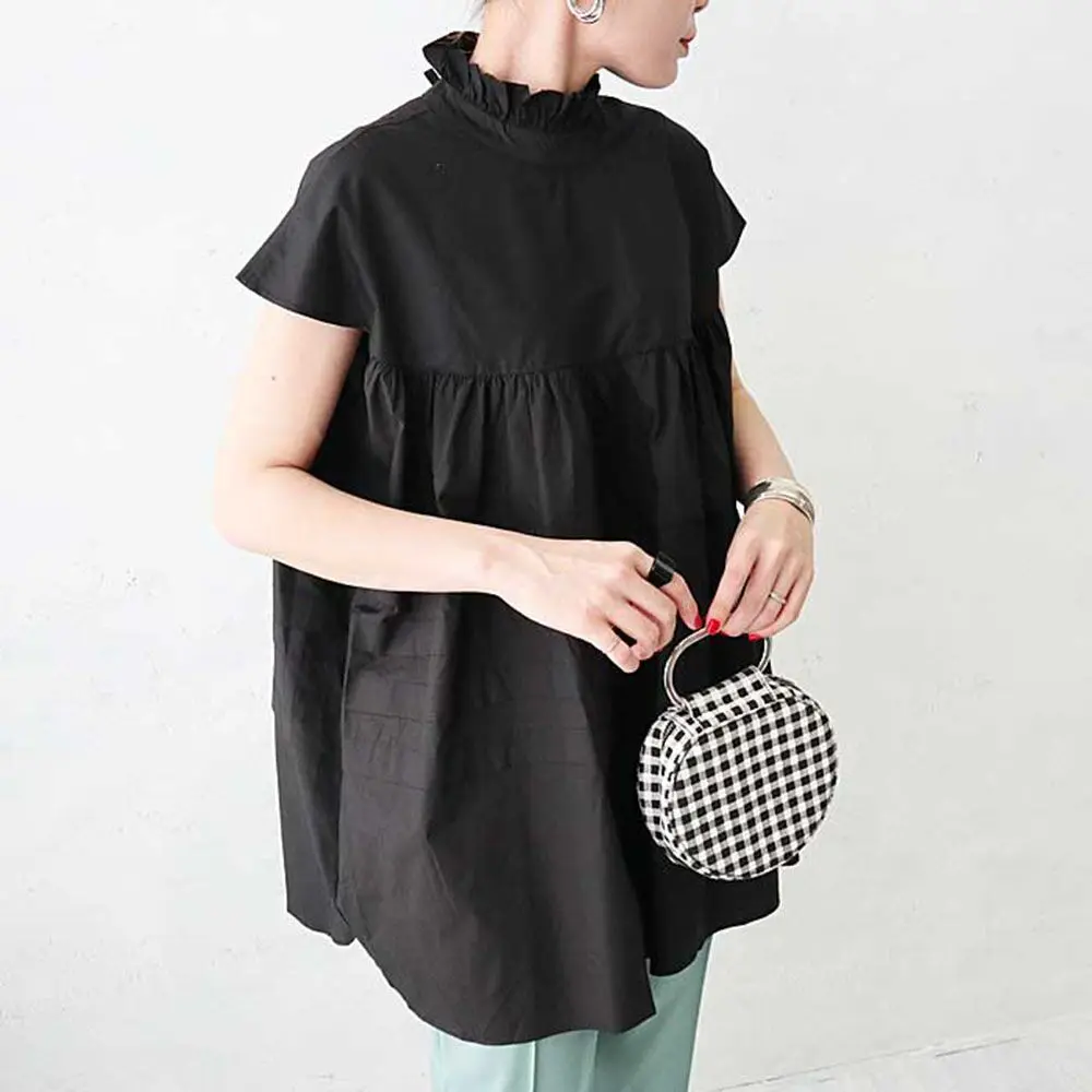 

Women Fashion Blouse OL Commuter Korea Style Short Sleeve Pleated Patchwork Round Neck Pullover Leisure Lady Blouse For Summer