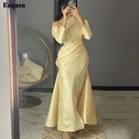 eeqasn yellow saudi arabia evening gowns mermaid satin long sleeves pleats prom dresss women formal party event dress bridesmaid