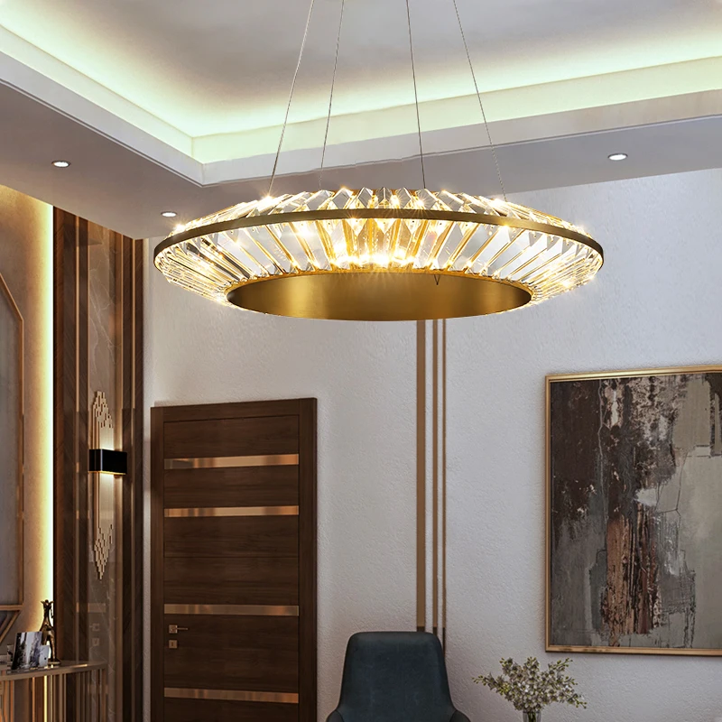 

Modern Gold Round Crystal Chandelier for Living Room Bedroom Copper Hanging Lamp Dining Table Luxury Indoor Decoration Lighting