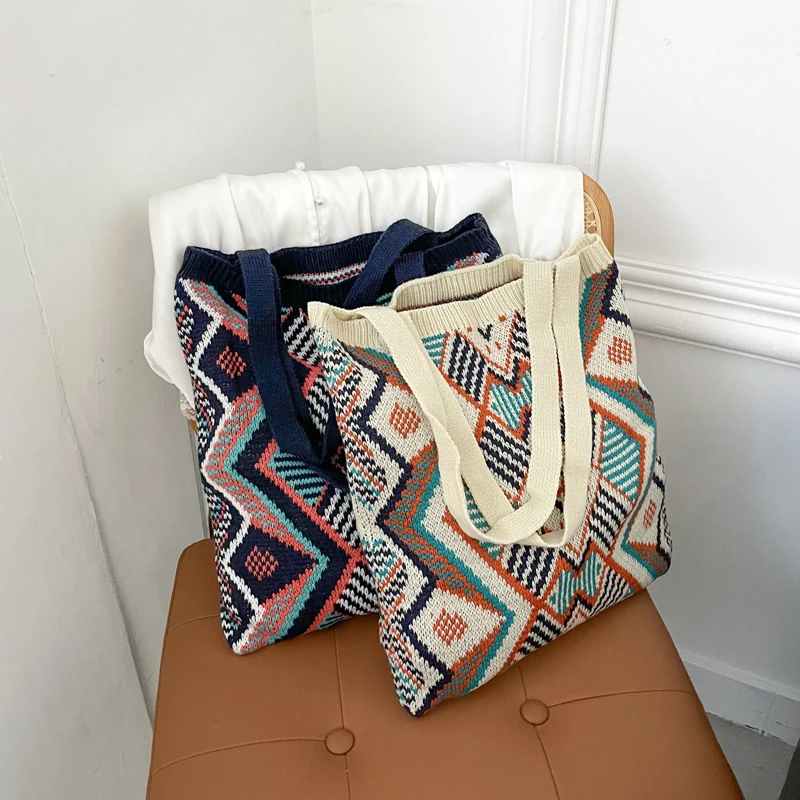 

Women Fashion Knitting Bohemian Shoulder Bags Large Capacity Tote Bag Knitted Shopper Top-handle Bag Female Handbag Bolso Mujer